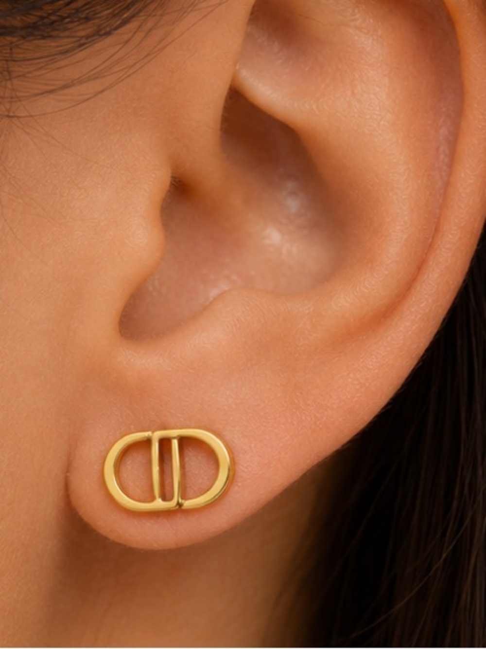Gold Designer-Inspired Logo Stud Earrings | Minimalist Luxe Chic - Picture 2 of 6